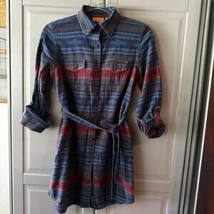 Wrangler Women's Western Stripe Belted Shirt Dress, Blue Aztec Stripe, M